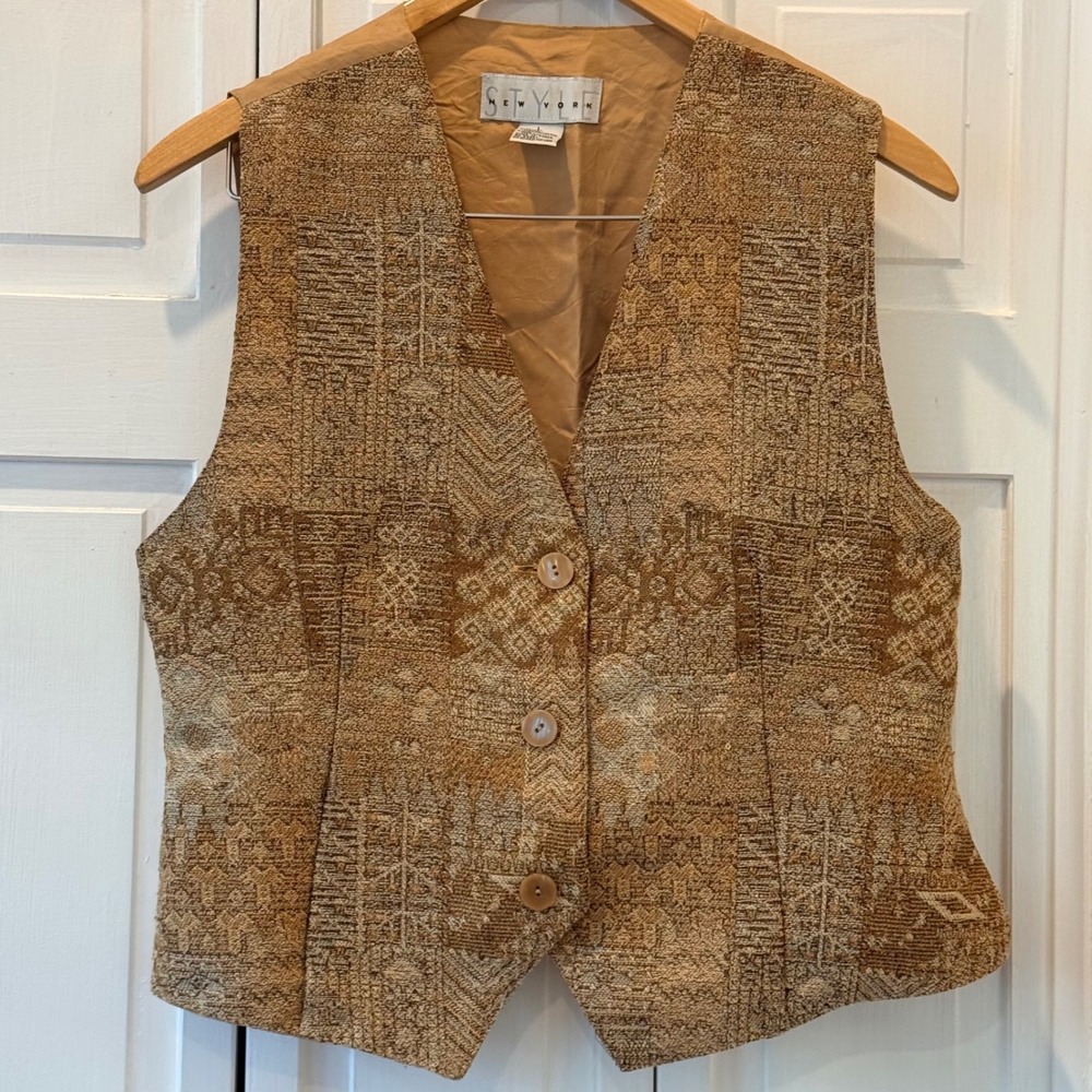 VTG Style New‎ York Tapestry Vest Brown Tan Geo Print Western Academic Women L